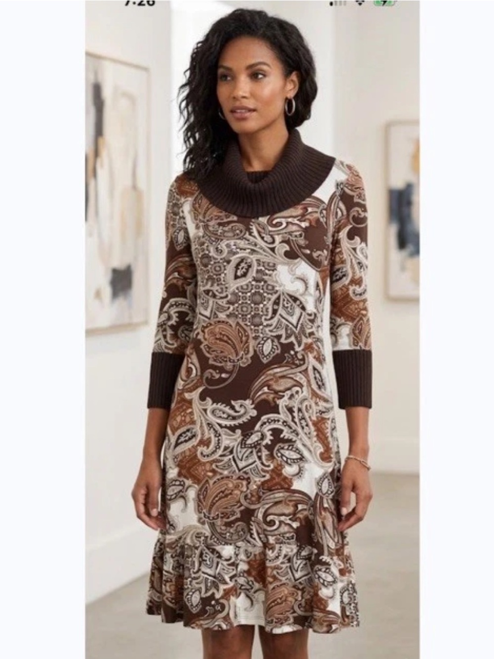 Venus Brown Paisley Cowlneck Stretch Dress